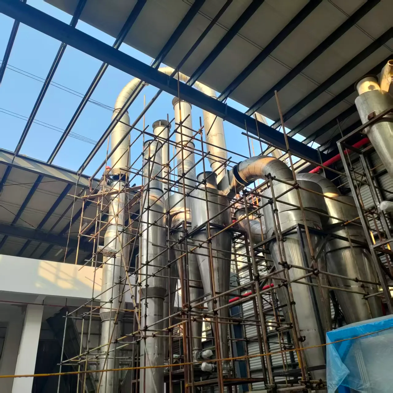 Cyclone separator bank during installation of a grain processing line