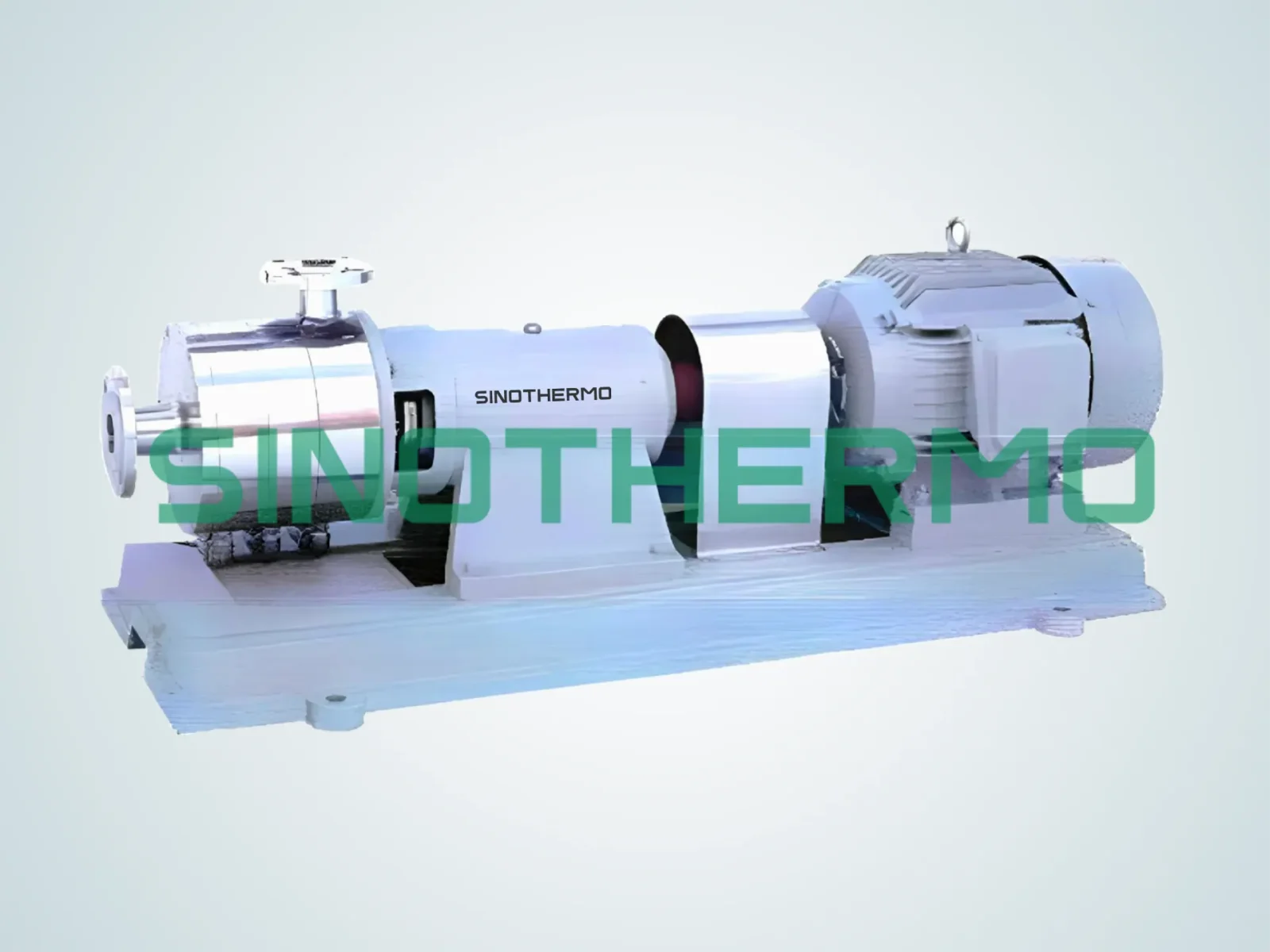 SINOTHERMO stainless steel wet mill for grain and starch slurry, shown with its drive motor on a common baseplate.
