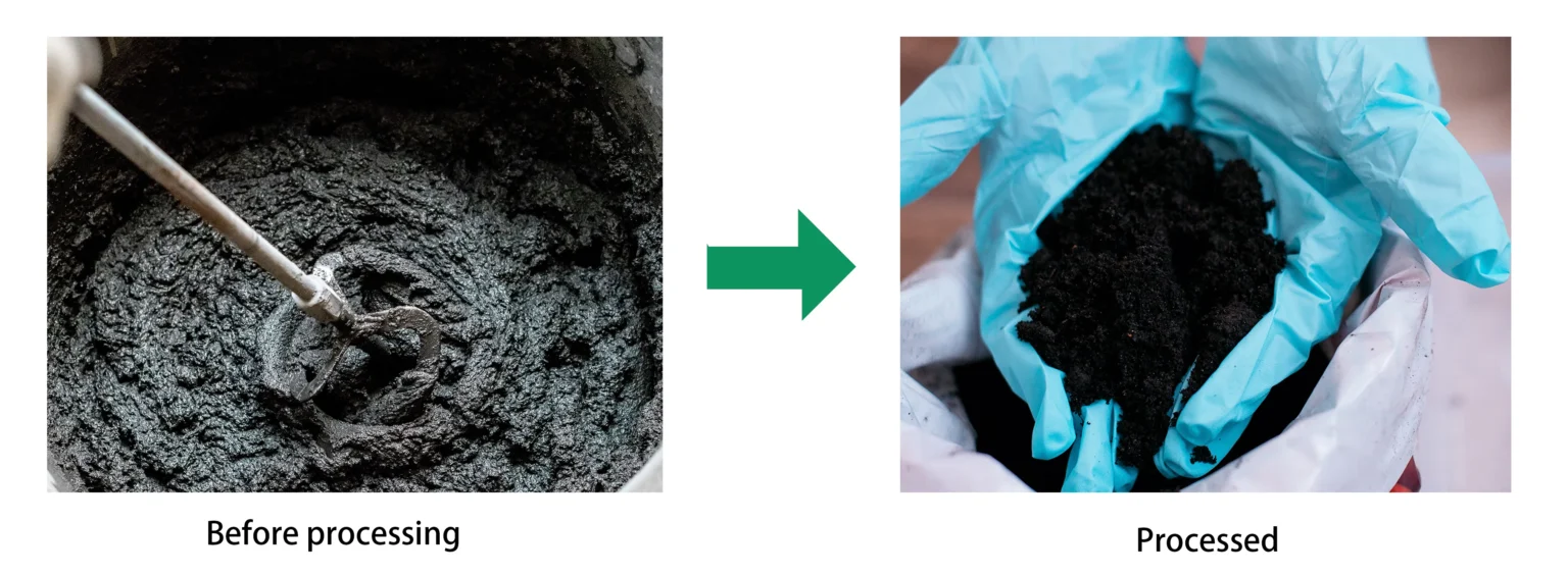 Pengeringan Enapan Kumbahan — material before and after processing