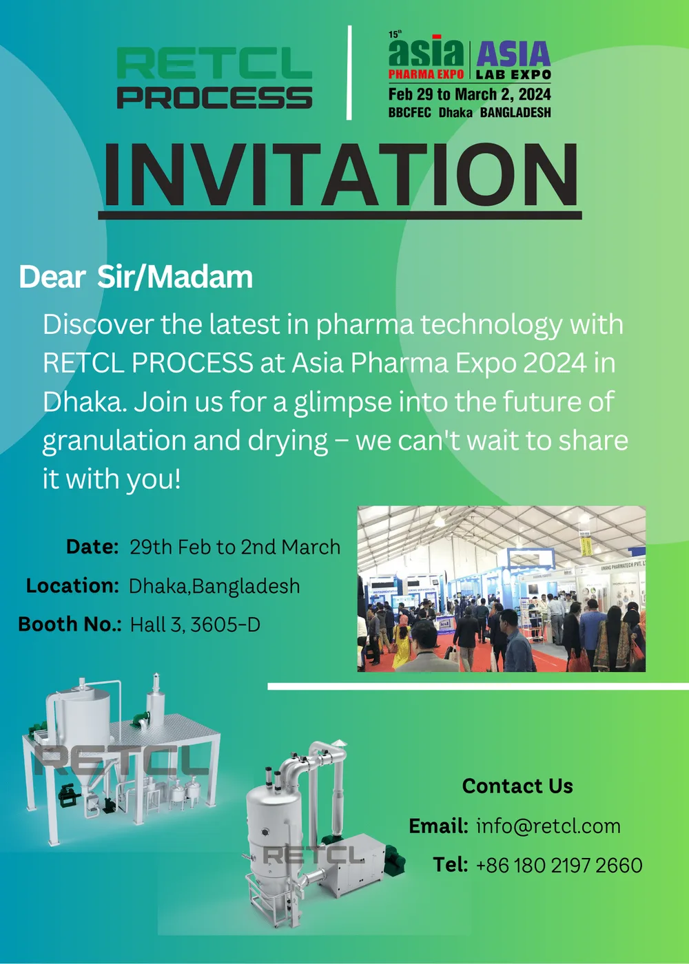 Join RETCL PROCESS at ASIA PHARMA EXPO 2024 & ASIA LAB EXPO 2024 in Dhaka, Bangladesh