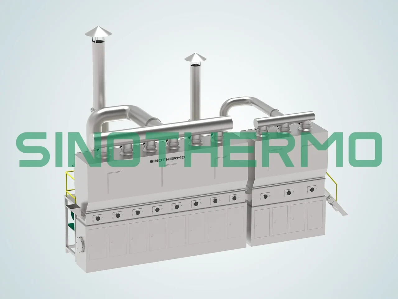 Imagem de um Secador de Leito Fluidizado Horizontal da SINOTHERMO, uma máquina industrial projetada para a secagem eficiente de materiais por meio de fluidização horizontal.