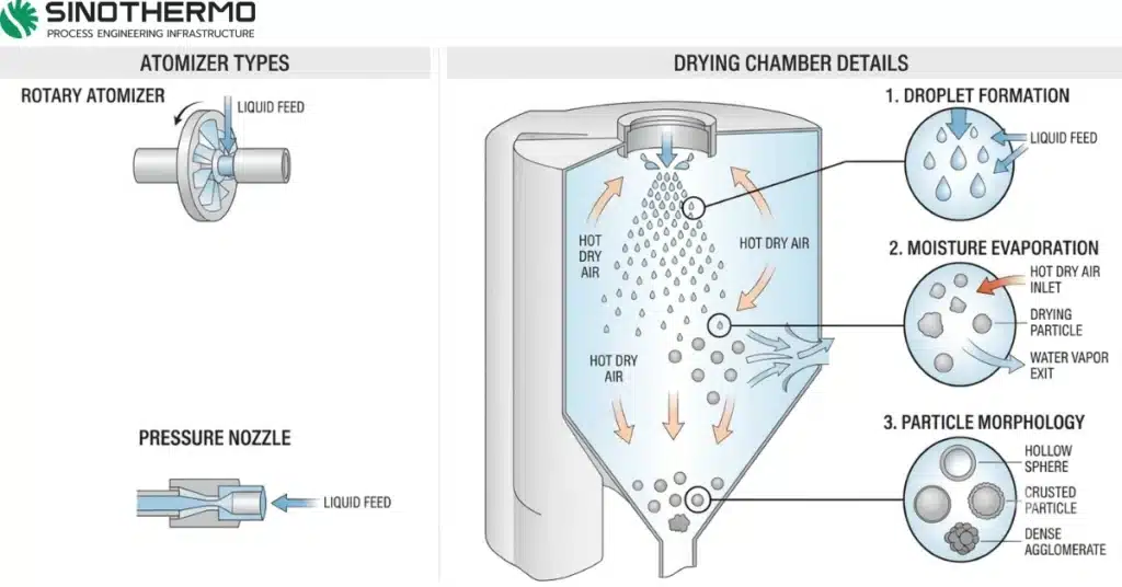 분무건조 공정에서 미립화, 공기 접촉, 증발, 분말 분리 과정을 나타낸 다이어그램How Does Spray Drying Work