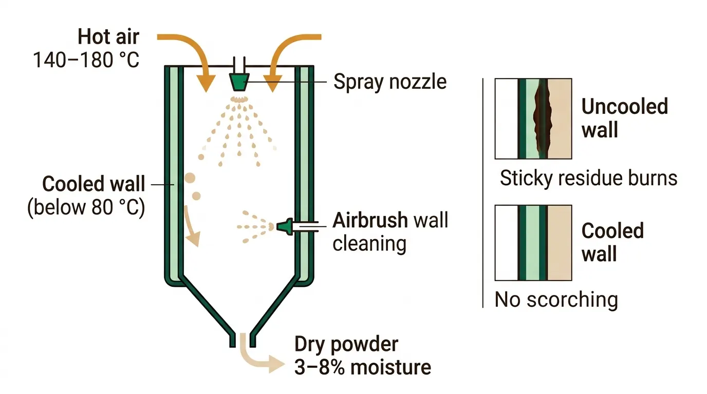 Sección de un secador por atomización para extractos con pared de torre refrigerada, limpieza de pared con aerógrafo y comparación entre pared refrigerada y sin refrigerar