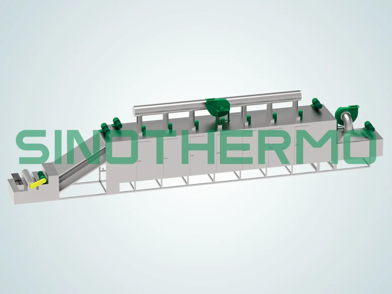 Hình ảnh máy sấy băng tải SINOTHERMO, một loại máy công nghiệp được thiết kế để sấy liên tục các vật liệu.