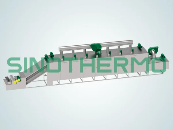 Hình ảnh máy sấy băng tải SINOTHERMO, một loại máy công nghiệp được thiết kế để sấy liên tục các vật liệu.