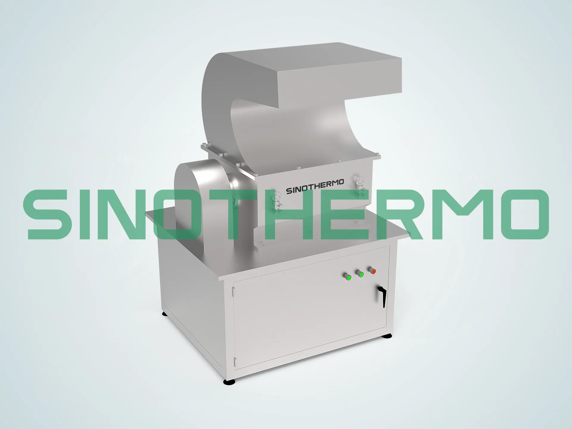 'SINOTHERMO' markalı, kavisli üst bölüm ve kontrol paneline sahip, sağlam paslanmaz çelik tasarımlı Kaba Pulverizatör makinesinin görüntüsü.