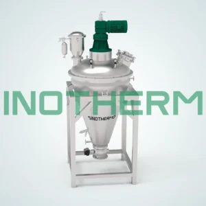 Máy trộn trục vít hình nón để trộn và khuấy bột, bao gồm một bình hình nón bằng thép không gỉ trên giá đỡ với động cơ điện màu xanh lá cây truyền động ở phía trên.