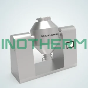 Máy trộn hình nón đôi được kết xuất 3D trên nền xám, cho thấy cấu trúc thép không gỉ của thiết bị với thang lên xuống và bảng điều khiển kỹ thuật số.