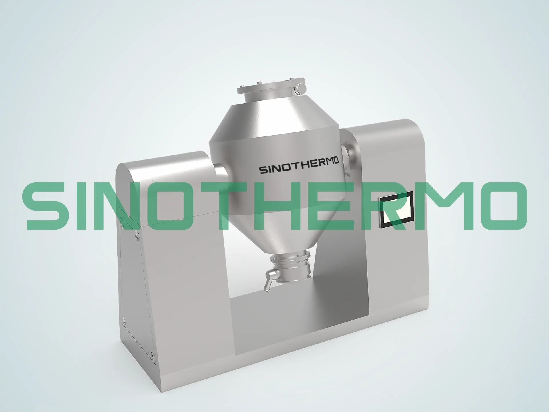Máy trộn hình nón đôi được kết xuất 3D trên nền xám, cho thấy cấu trúc thép không gỉ của thiết bị với thang lên xuống và bảng điều khiển kỹ thuật số.