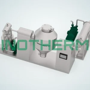 Bản dựng 3D của Máy sấy chân không quay hình nón đôi có thiết bị phụ trợ, gồm hai đầu hình nón, thân hình trụ ở giữa, động cơ màu xanh lá cây và được gắn trên bệ màu xám.