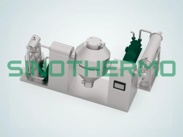 Bản dựng 3D của Máy sấy chân không quay hình nón đôi có thiết bị phụ trợ, gồm hai đầu hình nón, thân hình trụ ở giữa, động cơ màu xanh lá cây và được gắn trên bệ màu xám.
