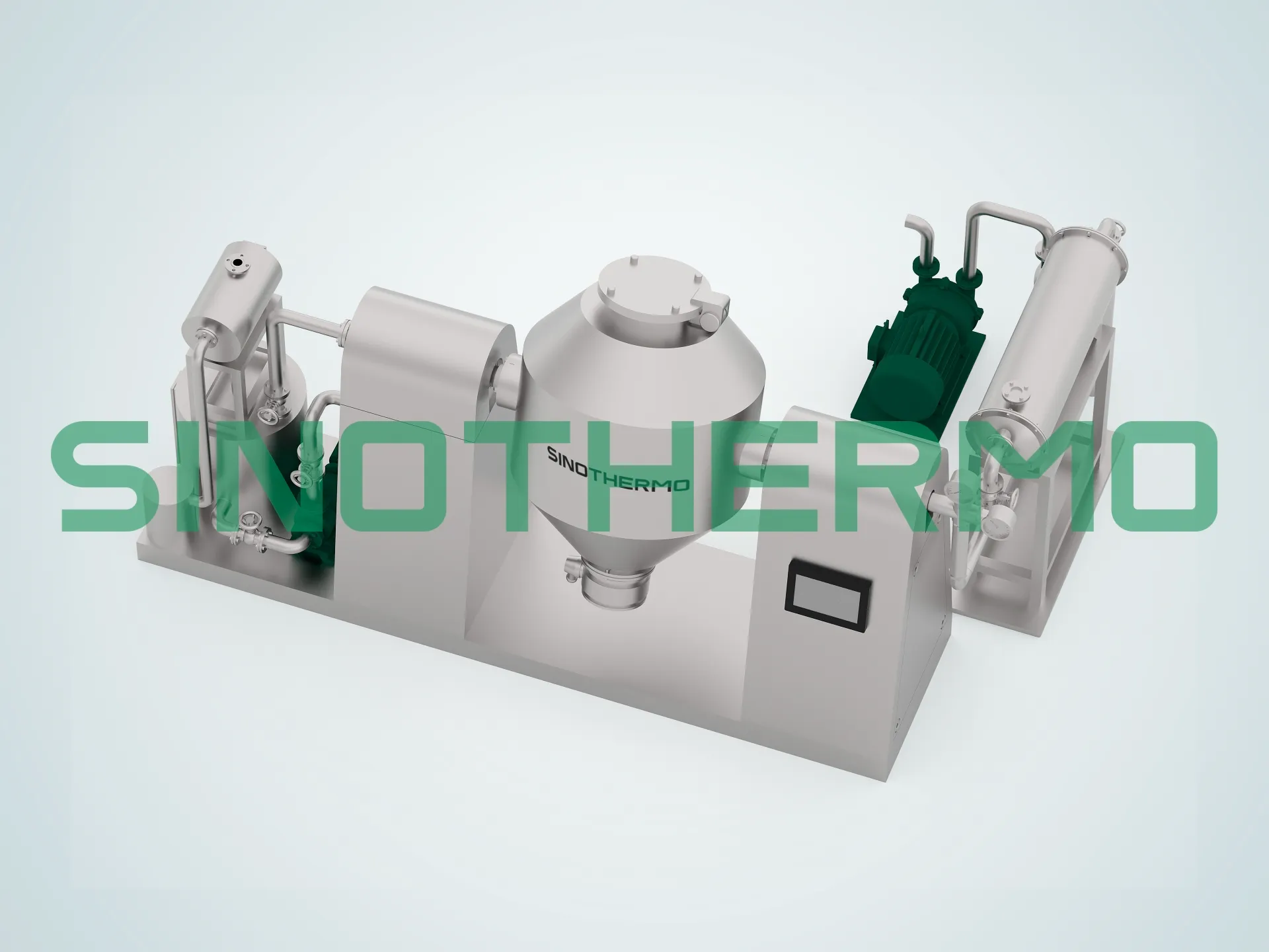 Bản dựng 3D của Máy sấy chân không quay hình nón đôi có thiết bị phụ trợ, gồm hai đầu hình nón, thân hình trụ ở giữa, động cơ màu xanh lá cây và được gắn trên bệ màu xám.