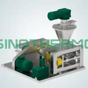 Máy tạo hạt khô có phễu, động cơ xanh mạnh mẽ và cơ chế lăn nhỏ gọn, chính xác, được trưng bày trong một thiết lập chuyên nghiệp, sạch sẽ.