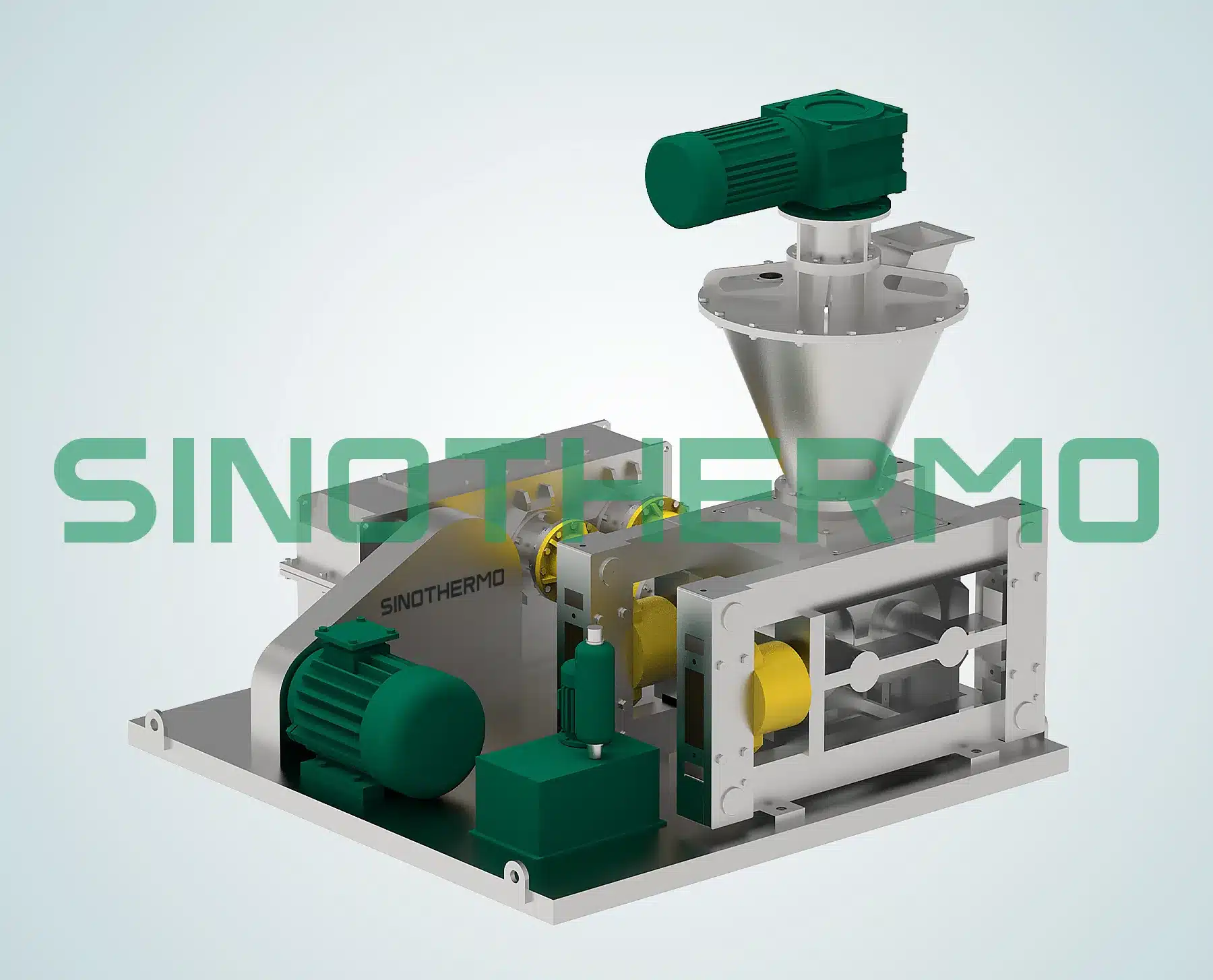 Máy tạo hạt khô có phễu, động cơ xanh mạnh mẽ và cơ chế lăn nhỏ gọn, chính xác, được trưng bày trong một thiết lập chuyên nghiệp, sạch sẽ.