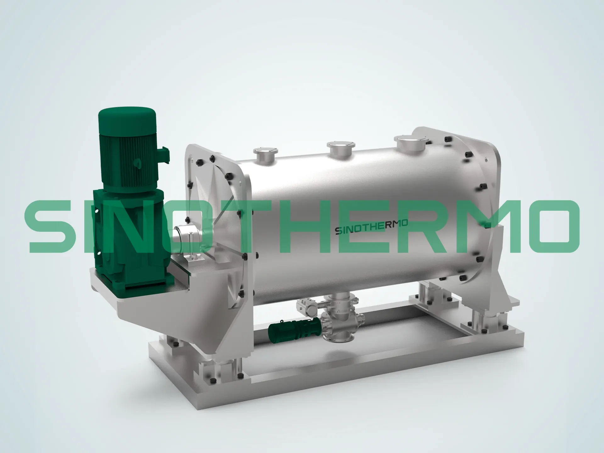 Máy trộn trộn ruy băng công nghiệp nằm ngang với động cơ điện màu xanh lá cây trên nền xám