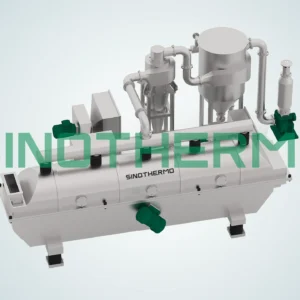 Bản dựng 3D của Máy sấy tầng sôi rung ngang với nhiều thành phần được kết nối và thiết kế công nghiệp đẹp mắt.