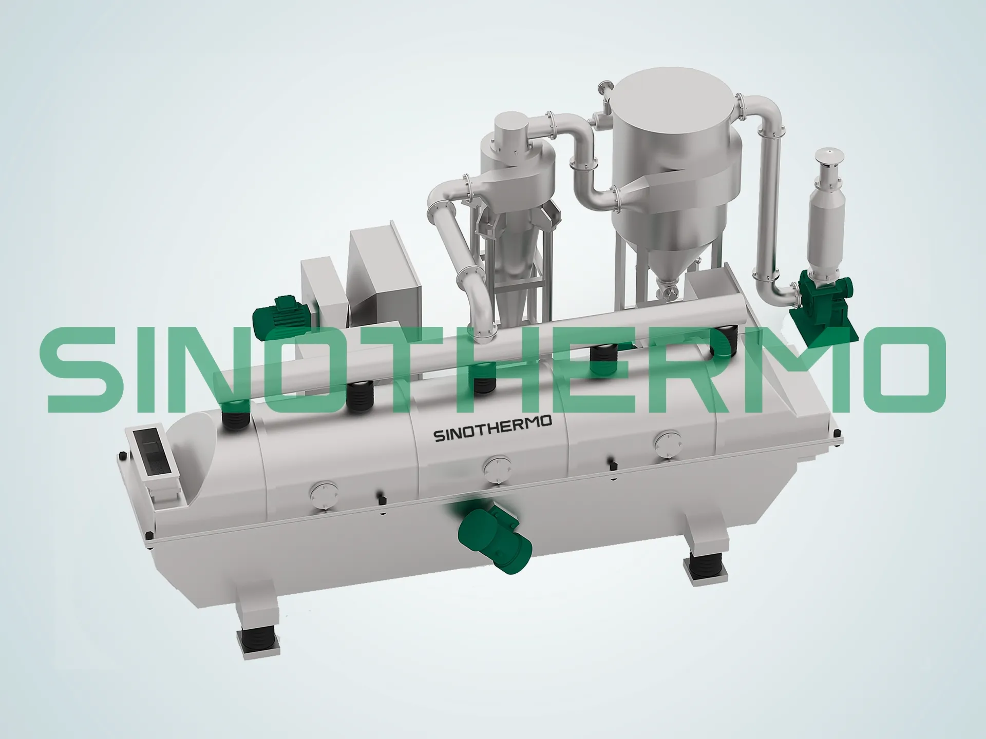 Bản dựng 3D của Máy sấy tầng sôi rung ngang với nhiều thành phần được kết nối và thiết kế công nghiệp đẹp mắt.