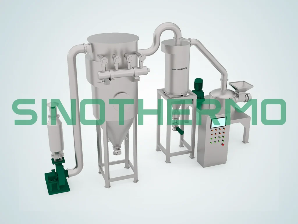Bản dựng 3D của máy nghiền tác động công nghiệp với nhiều phễu màu xám, các bộ phận màu xanh lá cây và khung màu trắng trên nền xám trơn.