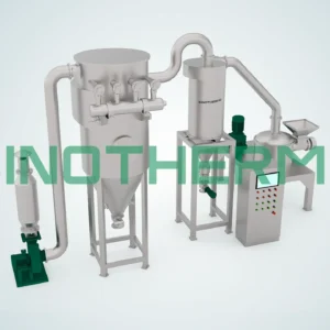 Bản dựng 3D của máy nghiền tác động công nghiệp với nhiều phễu màu xám, các bộ phận màu xanh lá cây và khung màu trắng trên nền xám trơn.