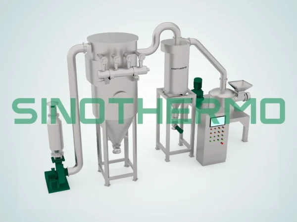 Bản dựng 3D của máy nghiền tác động công nghiệp với nhiều phễu màu xám, các bộ phận màu xanh lá cây và khung màu trắng trên nền xám trơn.