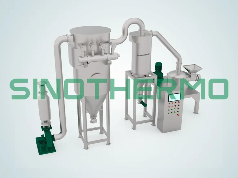 Bản dựng 3D của máy nghiền tác động công nghiệp với nhiều phễu màu xám, các bộ phận màu xanh lá cây và khung màu trắng trên nền xám trơn.