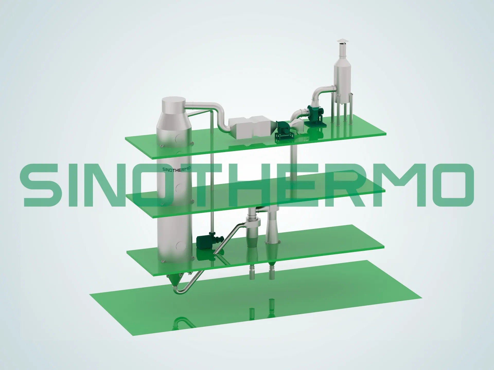 Hình ảnh Máy sấy phun áp suất SINOTHERMO, một loại máy công nghiệp được thiết kế để chuyển đổi vật liệu dạng lỏng thành dạng bột khô bằng công nghệ phun áp suất cao.