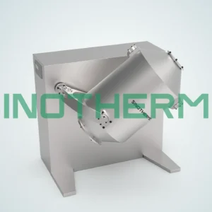 Gambar Rotary Drum Mixer baja tahan karat yang dirancang untuk aplikasi pencampuran industri, menampilkan drum silinder miring yang dipasang pada rangka kokoh, bermerek 'SINOTHERMO'.