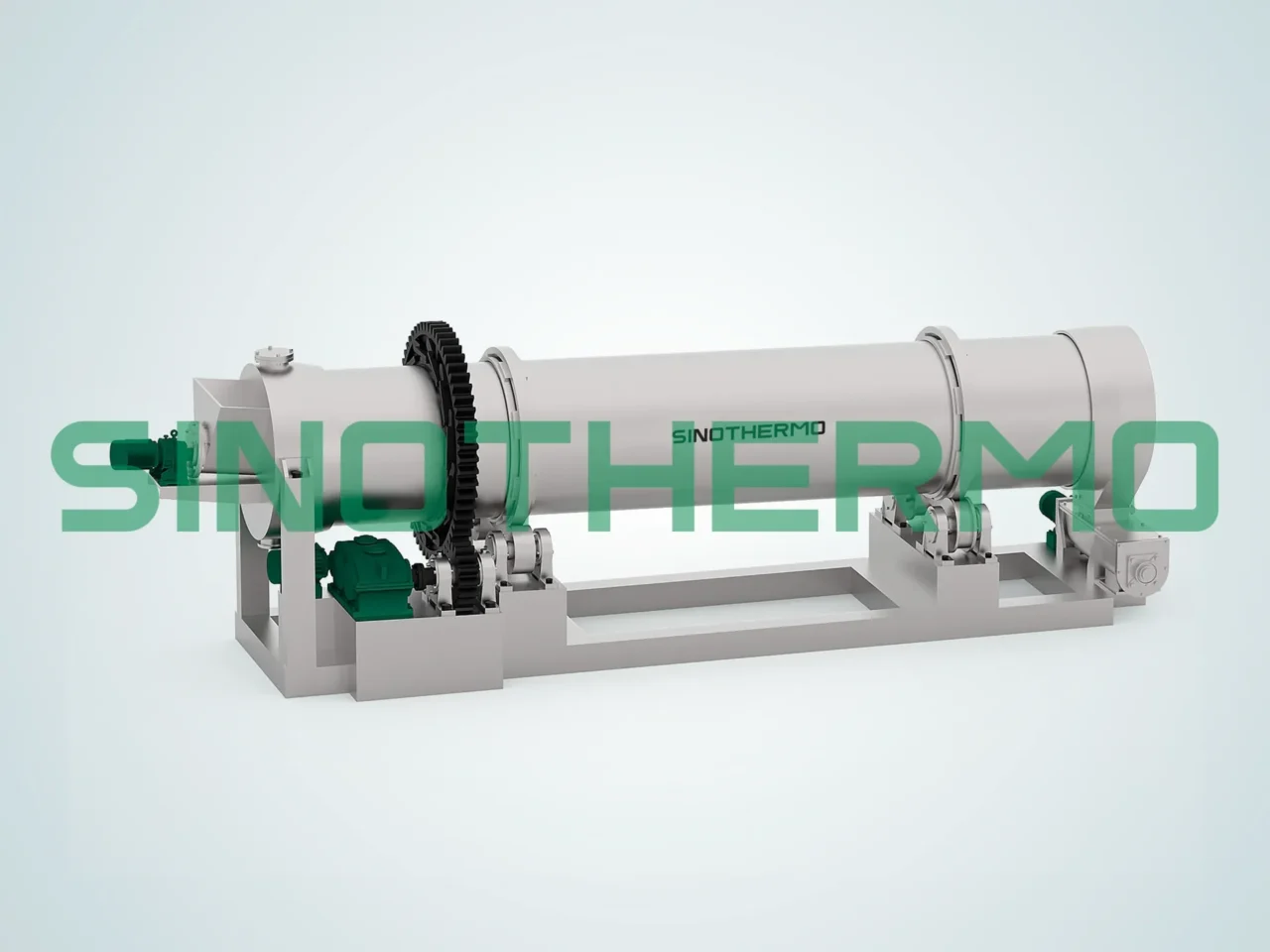 Hình ảnh Lò quay SINOTHERMO, một loại máy công nghiệp được sử dụng để xử lý vật liệu ở nhiệt độ cao, có trống hình trụ quay.