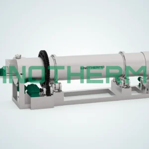 Hình ảnh Lò quay SINOTHERMO, một loại máy công nghiệp được sử dụng để xử lý vật liệu ở nhiệt độ cao, có trống hình trụ quay.