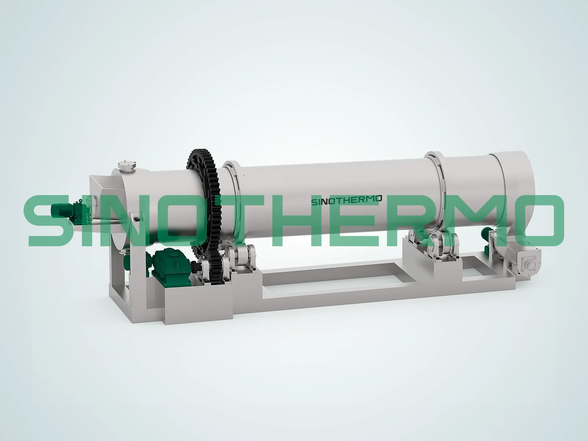 Hình ảnh Lò quay SINOTHERMO, một loại máy công nghiệp được sử dụng để xử lý vật liệu ở nhiệt độ cao, có trống hình trụ quay.
