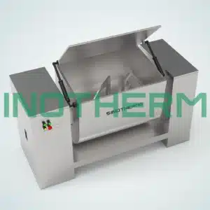 Thiết bị trộn Sigma bằng thép không gỉ có nắp mở, nhìn từ góc cao trên nền xám.