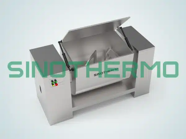 Thiết bị trộn Sigma bằng thép không gỉ có nắp mở, nhìn từ góc cao trên nền xám.