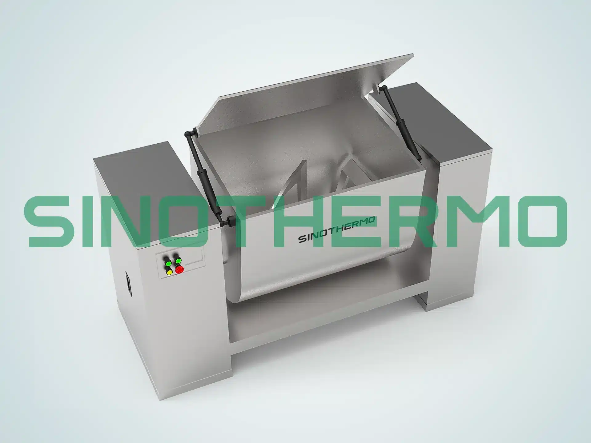 Thiết bị trộn Sigma bằng thép không gỉ có nắp mở, nhìn từ góc cao trên nền xám.