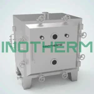 Máy sấy chân không tĩnh hình vuông có cấu trúc kim loại chắc chắn, có nhiều cổng quan sát, van điều khiển và chân đế chắc chắn, được thiết kế theo phong cách chuyên nghiệp và sạch sẽ.