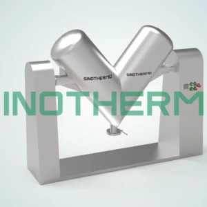Un rendering 3D di un frullatore o mixer argentato a forma di V su uno sfondo grigio, con la parola "SINOTHERMO" visualizzata davanti ad esso.