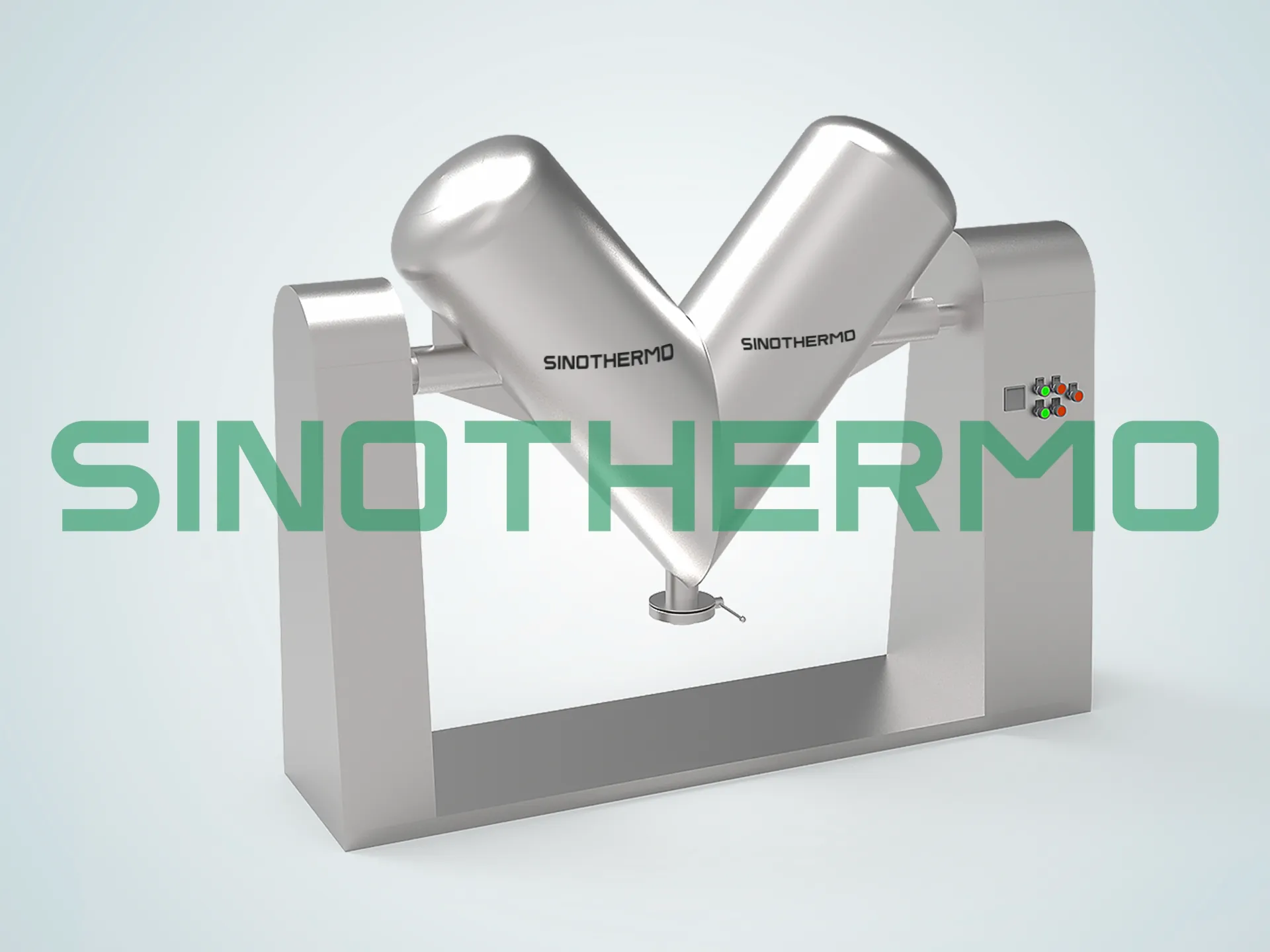 Hình ảnh 3D của máy xay sinh tố hoặc máy trộn hình chữ V màu bạc trên nền xám, với chữ "SINOTHERMO" hiển thị ở phía trước.