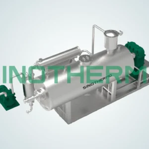 Bản dựng 3D của máy sấy cào công nghiệp kiểu dáng đẹp, có thân hình trụ nằm ngang với các phụ kiện bên ngoài và động cơ màu xanh lá cây, tất cả được gắn trên khung kết cấu màu xám.
