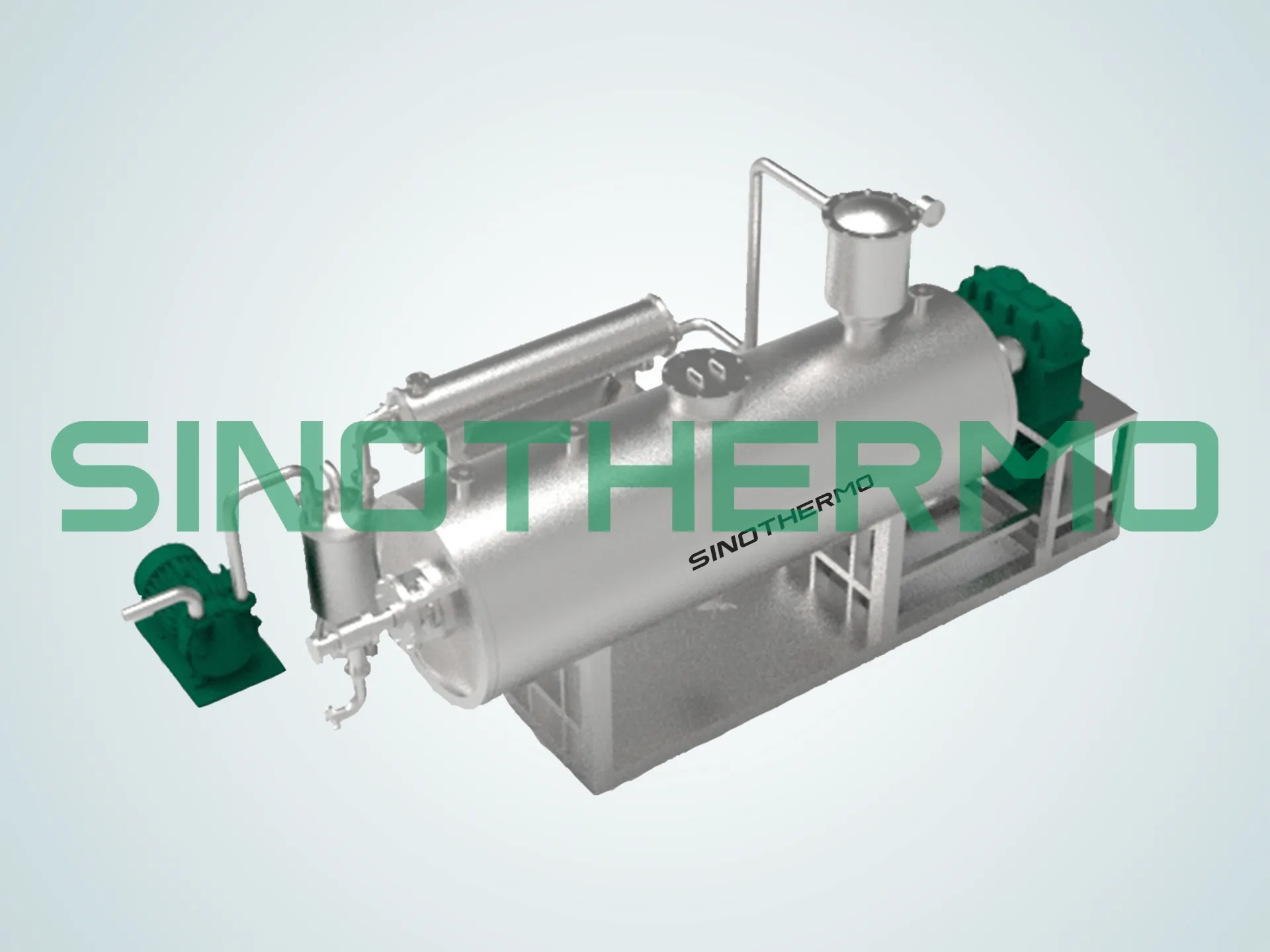 Bản dựng 3D của máy sấy cào công nghiệp kiểu dáng đẹp, có thân hình trụ nằm ngang với các phụ kiện bên ngoài và động cơ màu xanh lá cây, tất cả được gắn trên khung kết cấu màu xám.