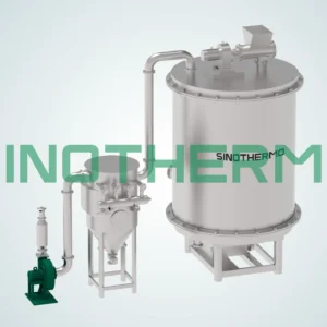 Hình ảnh kết xuất 3D của hệ thống máy sấy tấm với nhiều tấm sấy được đặt bên trong một thân hình trụ trong suốt, được trang bị phễu nạp liệu và động cơ màu xanh lá cây.