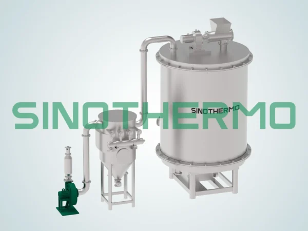 Hình ảnh kết xuất 3D của hệ thống máy sấy tấm với nhiều tấm sấy được đặt bên trong một thân hình trụ trong suốt, được trang bị phễu nạp liệu và động cơ màu xanh lá cây.