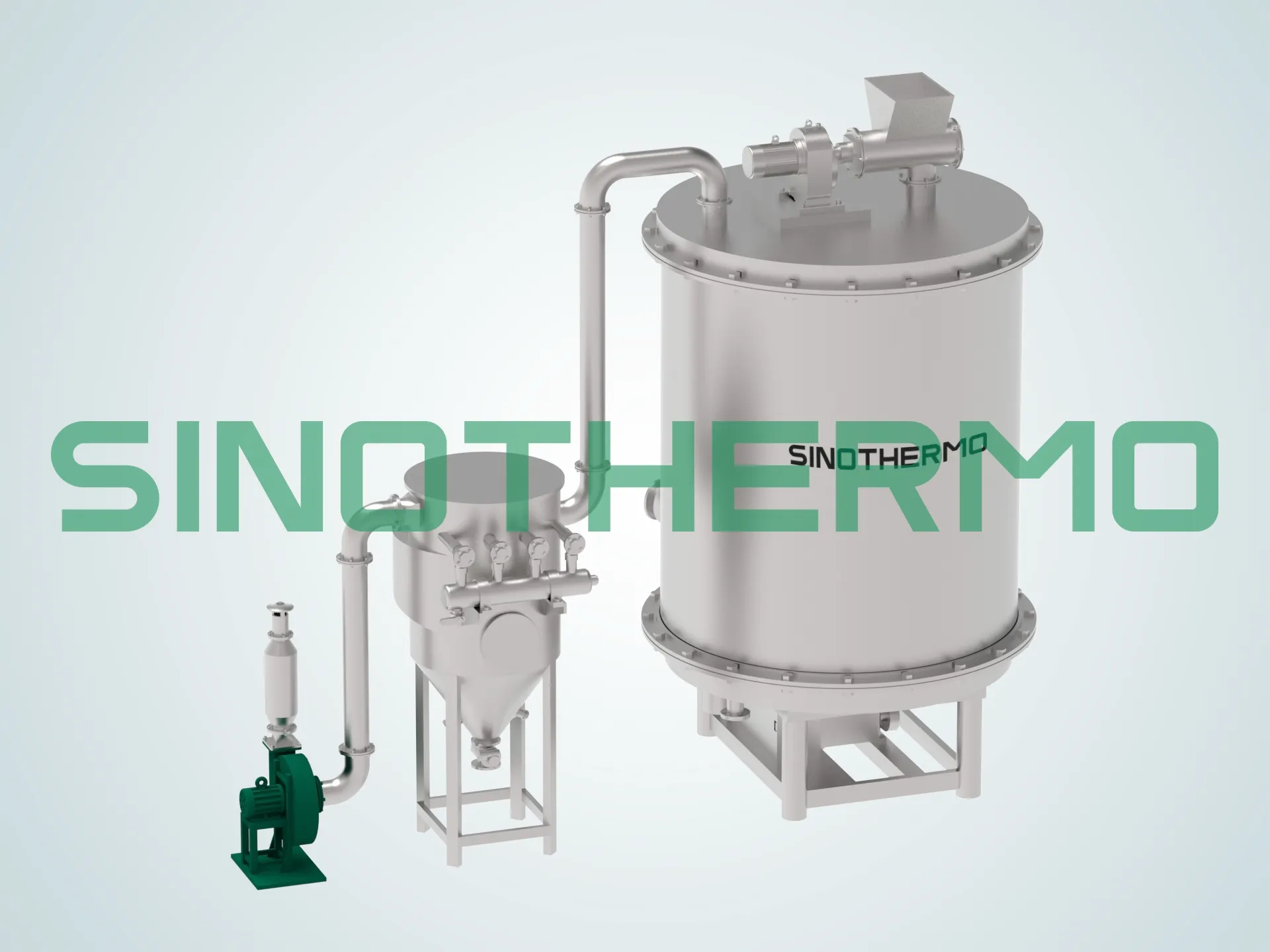 Hình ảnh kết xuất 3D của hệ thống máy sấy tấm với nhiều tấm sấy được đặt bên trong một thân hình trụ trong suốt, được trang bị phễu nạp liệu và động cơ màu xanh lá cây.