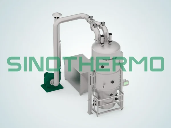 Hình ảnh Máy sấy tầng sôi thẳng đứng SINOTHERMO, một loại máy công nghiệp được sử dụng để sấy hiệu quả các vật liệu dạng hạt thông qua quá trình lưu hóa.
