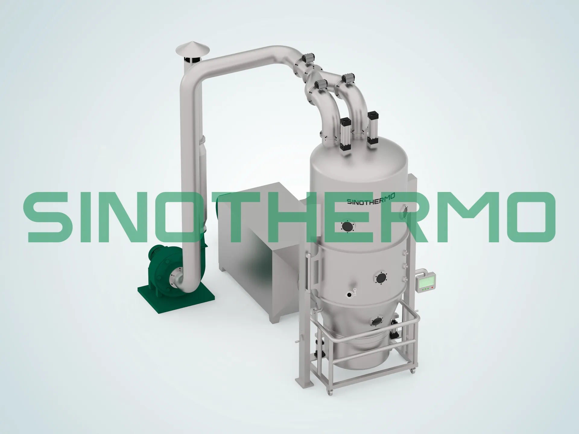 Hình ảnh Máy sấy tầng sôi thẳng đứng SINOTHERMO, một loại máy công nghiệp được sử dụng để sấy hiệu quả các vật liệu dạng hạt thông qua quá trình lưu hóa.