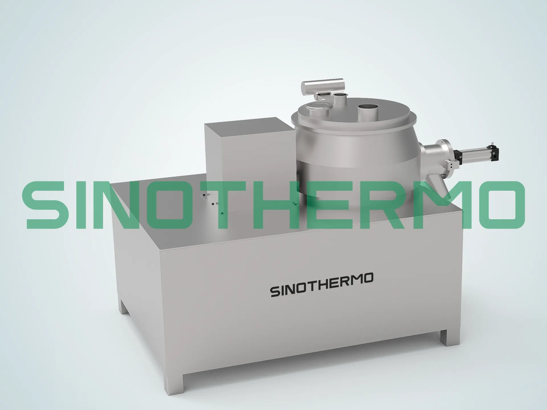 Máy nghiền trộn ướt nhanh, được thiết kế 3D, có thiết kế nhỏ gọn với thân máy màu trắng bóng bẩy, thùng chứa ở phía trên và các nút điều khiển xử lý.