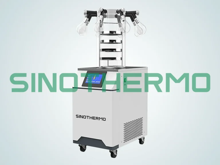 A modern benchtop freeze dryer with multiple chambers and a digital control panel, set against a plain gray background.
