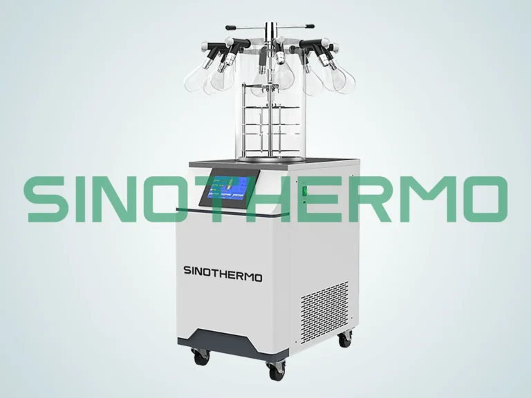 This image depicts a modern benchtop freeze dryer with a digital display, mounted on a wheeled base for mobility, ideal for specialized drying processes in laboratories.