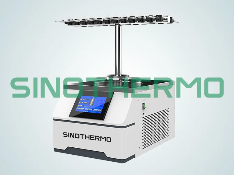 Benchtop Freeze Dryer with digital display and multiple-sample manifold attachment, branded by SINOTHERMO against a grey background.