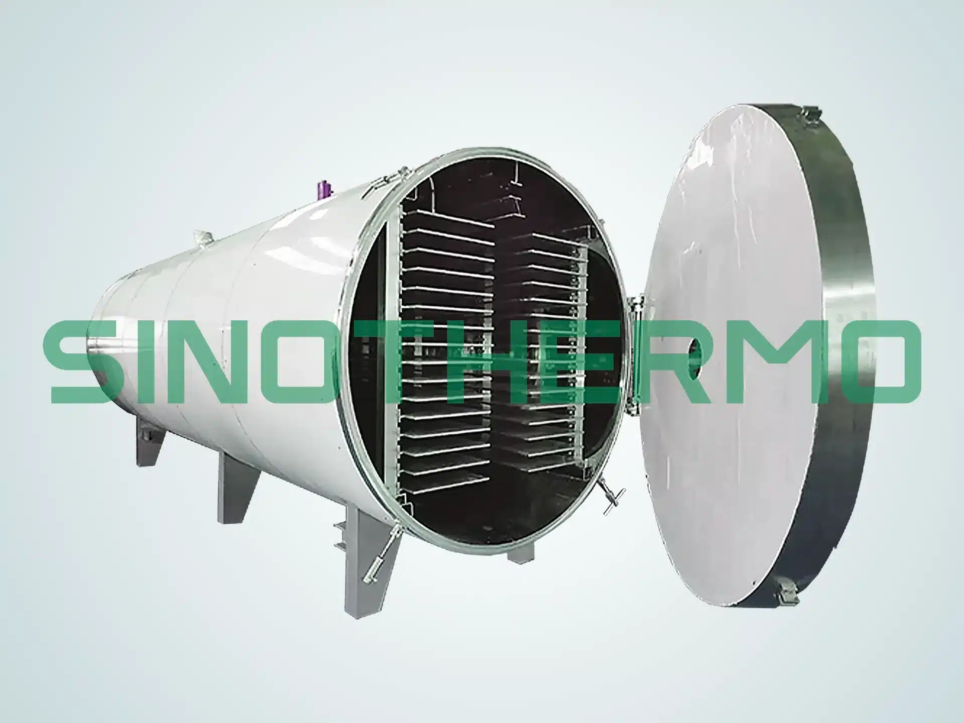 Thiết bị sấy đông khô tròn công nghiệp cho quy trình đông khô, có logo công ty Retcl ProcessThiết bị sấy đông khô tròn công nghiệp cho quy trình đông khô, có logo công ty SINOTHERMO.