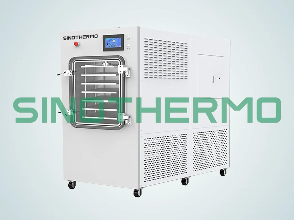 Máy sấy đông khô SINOTHERMO Pilot có bảng điều khiển màn hình cảm ứng và buồng sấy bằng thép không gỉ trên nền trắng.