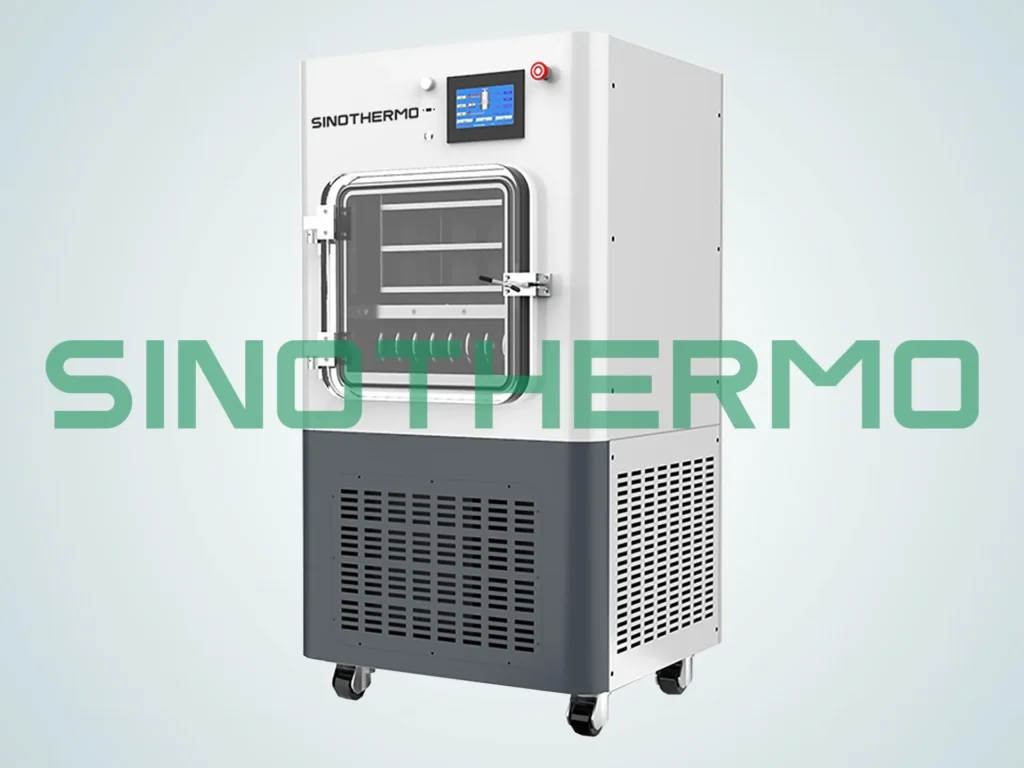 Máy sấy đông khô SINOTHERMO Pilot có bảng điều khiển kỹ thuật số và buồng chân không trên nền trắng.